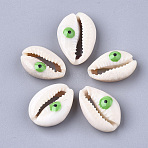 Cowrie Shell Beads, with Enamel, No Hole/Undrilled, Evil Eye, Lime Green, 20~25x14~16x5~7mm(X-SHEL-S274-29D)