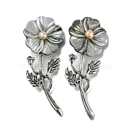 Black Lip Shell Flower Alloy Brooch, with Freshwater Pearls, Antique Silver, Gray, 74.5x29x8mm(JEWB-Z019-01D)