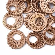 Handmade Reed Cane/Rattan Woven Linking Rings, For Making Straw Earrings and Necklaces,  Ring, BurlyWood, 35~50x35~50x4~6mm, Inner Diameter: 17~23mm(WOVE-Q075-01)