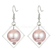 ABS Plastic Imitation Pearl with Rhombus Dangle Earrings, Iron Drop Earrings, Rosy Brown, 47.5x27.5mm(EJEW-JE05501)