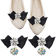 4Pcs 2 Style Glass Rhinestone Shoe Decorations, Detachable Bowknot Polyester Ribbon Shoe Decoration & Platinum Alloy Shoe Buckle Clips, Black, 32~52x34~100x10~17mm, 2pcs/style(FIND-NB0002-34A)