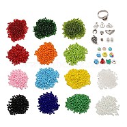 DIY Mixed Stone & Charm Ring Making Kits, Including 304 Stainless Steel Ring Settings, Glass Seed & Polymer Clay Beads, Butterlfy & Elephant Stainless Steel & Alloy Pendants, Gemstone Cabochons, Mixed Color(DIY-SZ0008-79)