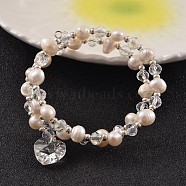 2 Loops Pearl Beaded Wrap Bracelets, with Glass Beads and Heart Charm, Seashell Color, 49mm(BJEW-JB02168)