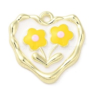 Alloy Enamel Pendants, Golden, Heart with Flower Charm, White, 18x18x3mm, Hole: 1.6mm(PALLOY-P294-04G-03)