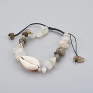 Natural Labradorite & White Moonstone Chip Braided Bead Bracelets, with Cowrie Shell, 1-7/8 inch~3-1/8 inch(4.7~8cm)(BJEW-JB04080-05)