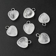 Natural Quartz Crystal Heart Charms, Rock Crystal, with Stainless Steel Color Tone Stainless Steel Loops, 13x10x5mm, Hole: 2mm(G-G998-B01)