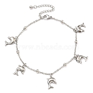 Non-Tarnish 304 Stainless Steel Cable Chains Dolphin Charm Bracelets, Stainless Steel Color, 7-7/8 inch(19.9cm)(BJEW-P334-03P)