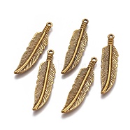 Tibetan Style Alloy Charms, Lead Free & Cadmium Free, Feather, Antique Golden, 42x10x2mm, Hole: 2mm(X-TIBEP-16624-AG-RS)