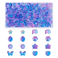 160Pcs 8 Style Transparent Spray Painted Glass Beads, with Glitter Powder, Two Tone, Star & Rabbit & Butterfly & Heart & Flower & Crown, Mixed Color, 8~14x8~15x4~8.5mm, Hole: 0.8~1.2mm, 20Pcs/style(GLAA-BY0001-01)