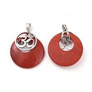 Natural Red Jasper Pendants, with Platinum Tone Brass Findings, Flat Round with Om Symbol, 32~32.5x28x7~7.5mm, Hole: 5x8mm(KK-F751-L-A14)