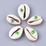Cowrie Shell Beads, with Enamel, No Hole/Undrilled, Evil Eye, Lime Green, 20~25x14~16x5~7mm(X-SHEL-S274-29D)