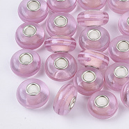Handmade Lampwork European Beads, Large Hole Beads, with Silver Color Plated Brass Single Cores, Rondelle, Flamingo, 14x7.5mm, Hole: 4mm(LAMP-S193-002B)