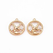 Brass Micro Pave Clear Cubic Zirconia Charms, Nickel Free, Christmas, Flat Round with Deer, Real 18K Gold Plated, 15x13x2.5mm, Hole: 1.2mm(KK-S356-751)