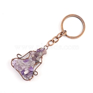 Copper Wire Wrapped Natural Amethyst Chips Yoga Pendant Keychains, for Car Key Backpack Pendant Accessories, 10x4.5cm(PW-WG26152-03)
