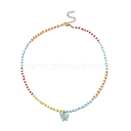 Resin Butterfly Pendant Necklaces, Glass Beaded Necklace with 304 Stainless Steel Lobster Claw Clasps & Extender Chain, for Women, Colorful, 17 inch(43.3cm)(NJEW-JN04154)
