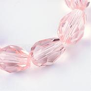 Transparent Glass Bead Strands, Faceted Teardrop, Pink, 8x6mm, Hole: 1mm, about 65pcs/strand, 17.99 inch(45.7cm)(GLAA-R024-6x8mm-08)