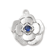 Brass Glass Pendants, Flower, Real Platinum Plated, Blue, 20x17.5x3mm, Hole: 1.6mm(KK-Z073-15P-04)