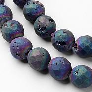 Electroplated Natural Quartz Crystal Beads Strands, Druzy Geode Crystal, Faceted, Round, Blue Plated, 8~8.5mm, Hole: 1mm, about 24pcs/strand, 7.9 inch(G-P149-01A)