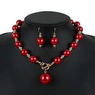 ABS Plastic Imitation Pearl Round Beaded Pendant Necklaces & Dangle Earrings Sets for Women, Red, 470mm(WGD1C77-04)