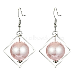 ABS Plastic Imitation Pearl with Rhombus Dangle Earrings, Iron Drop Earrings, Rosy Brown, 47.5x27.5mm(EJEW-JE05501)