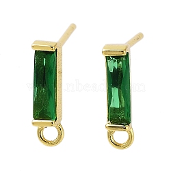 Brass Micro Pave Cubic Zirconia Earring Findings, Long-Lasting Plated, Cadmium Free & Lead Free, Real 18K Gold Plated, Rectangle, Green, 12x2.5mm, Hole: 1.2mm, Pin: 0.8mm(KK-A205-10G-01)