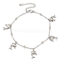 Non-Tarnish 304 Stainless Steel Cable Chains Dolphin Charm Bracelets, Stainless Steel Color, 7-7/8 inch(19.9cm)(BJEW-P334-03P)