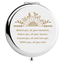1Pc Stainless Steel Customization Mirror, Flat Round with Flower & Word, with 1Pc Rectangle Velvet Pouch, Stainless Steel Color, Mirror: 7x6.5cm(DIY-CN0002-16A)