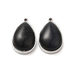 304 Stainless Steel Pendants, with Cat Eye, Teardrop, Black, 22x14x7.4mm, Hole: 1.4mm(STAS-L022-045P-05)