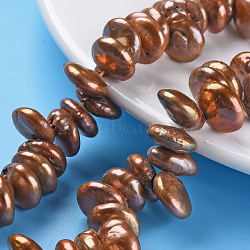 Natural Keshi Pearl Beads Strands, Cultured Freshwater Pearl, Dyed, Flat Round, Sienna, 12~23x12~13x3~9mm, Hole: 0.5mm, about 71~83pcs/strand, 14.17~16.14 inch(36~41cm)(PEAR-S021-119A)