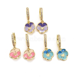 Rack Plating Brass Enamel Huggie Hoop Earrings, Dangle Earrings, Micro Pave Cubic Zirconia, Long-Lasting Real 18K Gold Plated, Lead Free & Cadmium Free, Flower, Mixed Color, 24.5mm, Pin: 0.7mm(EJEW-F278-13-G)