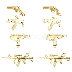 8Pcs 4 Style Brass Pendants, with Cubic Zirconia and Jump Rings, Gun, Real 18K Gold Plated, 16~22x8.5~40x3~4.5mm, Hole: 1.2~3.5mm, 2pcs/style(KK-SZ0006-23)