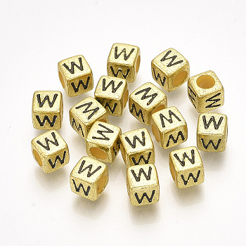 Acrylic Beads, Horizontal Hole, Metallic Plated, Cube with Letter.W, 6x6x6mm, 2600pcs/500g