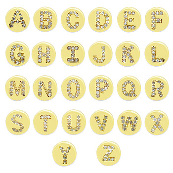 Brass Micro Pave Clear Cubic Zirconia Beads, Flat Round with Letter, Letter A~Z, 7.5x6.5mm, Hole: 3.5mm, 26pcs/bag