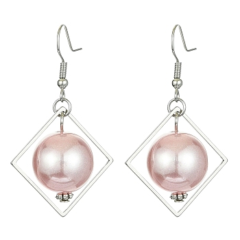 ABS Plastic Imitation Pearl with Rhombus Dangle Earrings, Iron Drop Earrings, Rosy Brown, 47.5x27.5mm