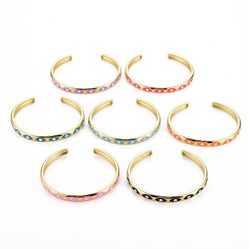 Evil Eye Enamel Cuff Bangle, Real 18K Gold Plated Lucky Brass Open Bangle for Women, Nickel Free, Mixed Color, Inner Diameter: 1-3/4x2 inch(4.55x5.2cm