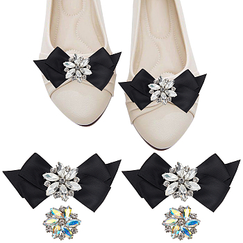 4Pcs 2 Style Glass Rhinestone Shoe Decorations, Detachable Bowknot Polyester Ribbon Shoe Decoration & Platinum Alloy Shoe Buckle Clips, Black, 32~52x34~100x10~17mm, 2pcs/style