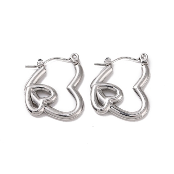 Valentine's Day 304 Stainless Steel Double Heart Hoop Earrings for Women, Stainless Steel Color, 21x17x2.5mm, Pin: 0.6mm
