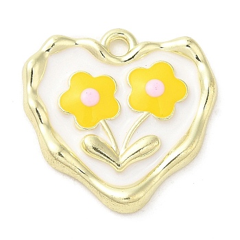 Alloy Enamel Pendants, Golden, Heart with Flower Charm, White, 18x18x3mm, Hole: 1.6mm
