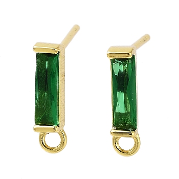 Brass Micro Pave Cubic Zirconia Earring Findings, Long-Lasting Plated, Cadmium Free & Lead Free, Real 18K Gold Plated, Rectangle, Green, 12x2.5mm, Hole: 1.2mm, Pin: 0.8mm
