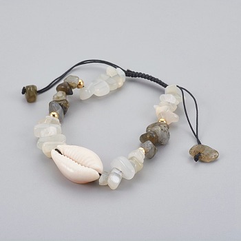 Natural Labradorite & White Moonstone Chip Braided Bead Bracelets, with Cowrie Shell, 1-7/8 inch~3-1/8 inch(4.7~8cm)