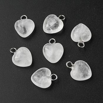 Natural Quartz Crystal Heart Charms, Rock Crystal, with Stainless Steel Color Tone Stainless Steel Loops, 13x10x5mm, Hole: 2mm