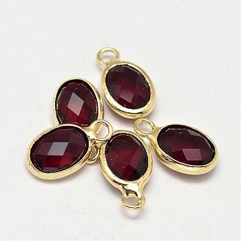 Oval Faceted Golden Tone Brass Glass Charms, Dark Red, 12x7x3.5mm, Hole: 1mm