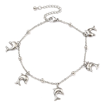 Non-Tarnish 304 Stainless Steel Cable Chains Dolphin Charm Bracelets, Stainless Steel Color, 7-7/8 inch(19.9cm)