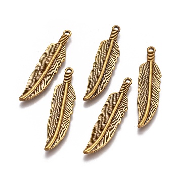 Tibetan Style Alloy Charms, Lead Free & Cadmium Free, Feather, Antique Golden, 42x10x2mm, Hole: 2mm