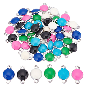 60Pcs 6 Colors 304 Stainless Steel Enamel Connector Charms, Enamelled Sequins, Stainless Steel Color, Flat Round, Mixed Color, 9.5x6x3.5mm, Hole: 1.2mm, 10pcs/color