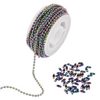 5M Ion Plating(IP) Rainbow Color 304 Stainless Steel Ball Chains, with 10Pcs Ion Plating(IP) 304 Stainless Steel Ball Chain Connectors, with Spool, Ball Chains: 2.5mm