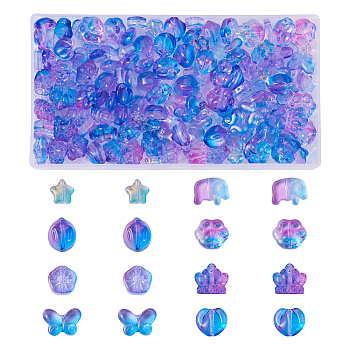 160Pcs 8 Style Transparent Spray Painted Glass Beads, with Glitter Powder, Two Tone, Star & Rabbit & Butterfly & Heart & Flower & Crown, Mixed Color, 8~14x8~15x4~8.5mm, Hole: 0.8~1.2mm, 20Pcs/style