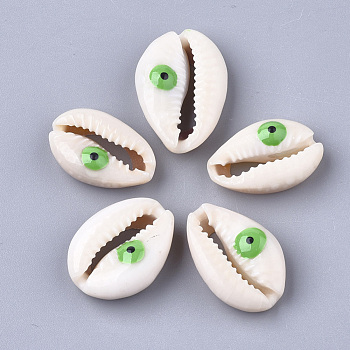 Cowrie Shell Beads, with Enamel, No Hole/Undrilled, Evil Eye, Lime Green, 20~25x14~16x5~7mm