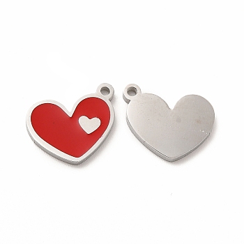 304 Stainless Steel Enamel Charms, Heart, Red, 13x10x1mm, Hole: 1.2mm