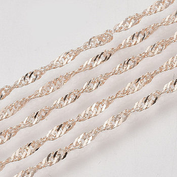 Soldered Brass Covered Iron Singapore Chains, Water Wave Chains, with Spool, Rose Gold, 2x1.2x0.3mm, about 328.08 Feet(100m)/roll